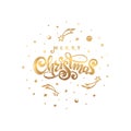 Vector golden text Merry Christmas isolated in cosmic round ball shape. Handwritten festive lettering gift greeting card Royalty Free Stock Photo