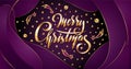 Vector Golden text Merry Christmas on purple plastic effect background with falling stars, planets, comets galaxies Royalty Free Stock Photo