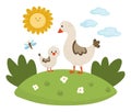 Vector goose with baby gosling on lawn under the sun. Cute cartoon family scene illustration for kids. Farm birds on nature