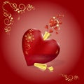 Vector gorgeous bottle in the shape of a red heart with gold pattern and stopper. Fluttering hearts, love magic. Valentine`s day