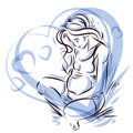 Vector graceful composition of pregnant woman body outline surrounded by heart shape frame.