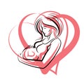 Vector graceful composition of pregnant woman body outline surrounded by heart shape frame. Mother Day.