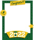 Vector of 2022 graduate photo frame in green and yellow color with mask and cap. Congratulatory photoboth and selfie concept at