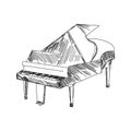 Vector grand piano hand draw. Doodle hand drawn sign. Illustration for print, web