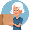 Vector Granny Holding a Cardboard Package Delivered by Courier