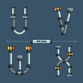Alphabet Metal Pipes style in a set UVWX Royalty Free Stock Photo