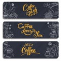 Vector graphic, artistic, stylized image of coffee set graphic element for menu on blackboard. Black chalkboard with chalk traces