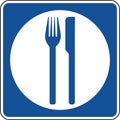 Vector graphic of a blue usa Food mutcd highway sign. It consists of a silhouette of a plate and a knife and fork contained in a