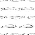 Vector pattern of small sprat fish swimming in different directions. Sprat drawn in the style of linear art with a pattern of dots