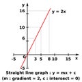 Vector graphic of a graph of x against y of a linear function. The formula represented is y 2x