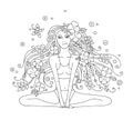 Vector graphic hand drawn illustration of young beautiful girl with long hair with flowers, leaves, butterfly. Woman doing yoga in Royalty Free Stock Photo