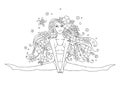 Vector graphic hand drawn illustration of young beautiful girl with long hair with flowers, leaves, butterfly. Woman sitting on Royalty Free Stock Photo