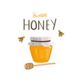 Vector graphic of a honey jar with a spoon for honey, bees and lettering.