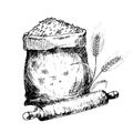 Vector graphic illustration of bag of wheat with ears of wheat and rolling pin. Black and white sketch on a white Royalty Free Stock Photo