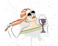 Vector graphic illustration, beautiful cute face of young artistic drinking girl with long hair, sunglasse, red lips Hand drawn