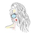 Vector graphic illustration of beautiful cute face of young sexy artistic girl with thick long hair, sunglasse, red lips. Hand