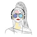 Vector graphic illustration of beautiful cute face of young sexy artistic girl with thick long hair, sunglasse, red lips, Royalty Free Stock Photo