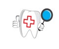 vector graphic illustration of a cartoon tooth holding a magnifying glass, good for dentists