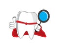 vector graphic illustration of a cartoon tooth holding a magnifying glass, good for dentists