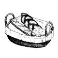 Vector graphic illustration of challah bread, bun with seeds and baguette in wicker bread basket. Black and white sketch Royalty Free Stock Photo