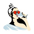 Vector graphic illustration of girl, drinking wine. Beautiful silhouette simple close up face with sunglasses, wineglass.