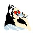 Vector graphic illustration of girl, drinking wine. Beautiful silhouette simple close up face with sunglasses, wineglass.