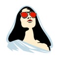 Vector graphic illustration of girl in the hood. Beautiful silhouette simple close up face with sunglasses, minimalistic style,