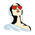 Vector graphic illustration of girl, listening music. Beautiful silhouette simple close up face with sunglasses, headphones. Royalty Free Stock Photo