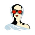 Vector graphic illustration of girl, listening music. Beautiful silhouette simple close up face with sunglasses, headphones. Royalty Free Stock Photo