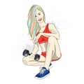 Vector graphic illustration of hand drawn fitness cute slim gilrl with dumbbell, blot, drop, splodge. Beautiful sporty positive