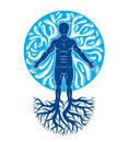 Vector graphic illustration of muscular human, individual created with tree roots and surrounded by a water ball. Body cleansing