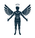 Vector graphic illustration of muscular human made using angelic bird wings and halo.