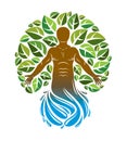 Vector graphic illustration of strong male, body silhouette emerging from water splash and surrounded with green leaves. Eco Royalty Free Stock Photo