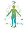 Vector graphic illustration of strong male, body silhouette standing. Creative metaphor of harmony between human and nature powers