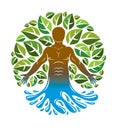 Vector graphic illustration of strong male, body silhouette standing in ocean wave and composed using green leaves. Raw food diet Royalty Free Stock Photo