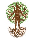 Vector graphic illustration of strong male, body silhouette standing on white background and made using tree roots and green