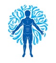 Vector graphic illustration of strong male, body silhouette surrounded by a water ball. Living in harmony with nature. Royalty Free Stock Photo