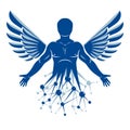 Vector graphic illustration of strong male created with wireframe connections and bird wings. Biomedical engineering concept. Royalty Free Stock Photo