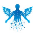 Vector graphic illustration of strong male created with wireframe connections and bird wings. Biomedical engineering concept. Royalty Free Stock Photo