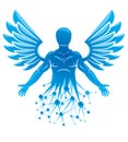 Graphic illustration of strong male created with wireframe connections and bird wings. Royalty Free Stock Photo