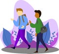 vector graphic illustration, two boys walking to the college, students go to school, walking together, flat cartoon illustration