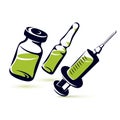 Vector graphic illustration of vial, ampoule with medicine and medical syringe for injections. Royalty Free Stock Photo