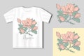 Vector graphic linear illustration of a sprig of magnolia flowers. Vector concept with t-shirt mockup