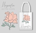 Vector graphic linear illustration of a sprig of magnolia flowers. Vector concept with tote bag mockup
