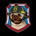 Vector graphic logo design of pug dog cartoon with vintage retro fire fighter style in black background