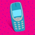 Vector graphic of old mobile phone Nokia 3310 stylized for 80's od 90's - vintage, retro image. Royalty Free Stock Photo