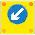 Vector graphic of a rectangular yellow sign warning of Slow-moving or stationary works vehicle blocking a traffic lane. Pass in
