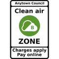 Vector graphic road sign for clean air zone. It consists of a green pollution icon and informs that traffic charges must be paid