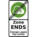 Vector graphic road sign for the end of a congestion charge area. Any charges raised must be paid online