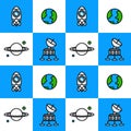 Vector graphic of rocket, spaceship, earth, Saturn, other planet make a pattern.